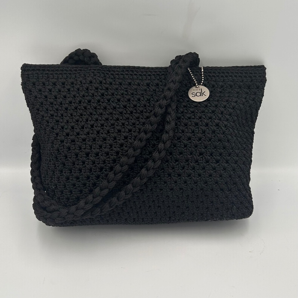 Vintage‎ The Sak Black Crochet Tote Bag Braided Strap Zip Top Shoulder Bag Boho